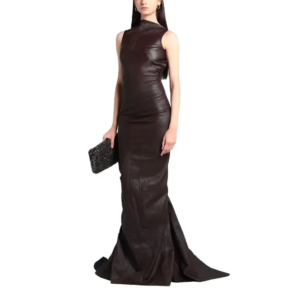 Women’s Elegant Burgundy Leather Evening Gown - Modz Designs