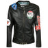 Unisex Fashion Printed Leather Jacket showcasing bold patches and a sleek design, perfect for a stylish wardrobe upgrade.
