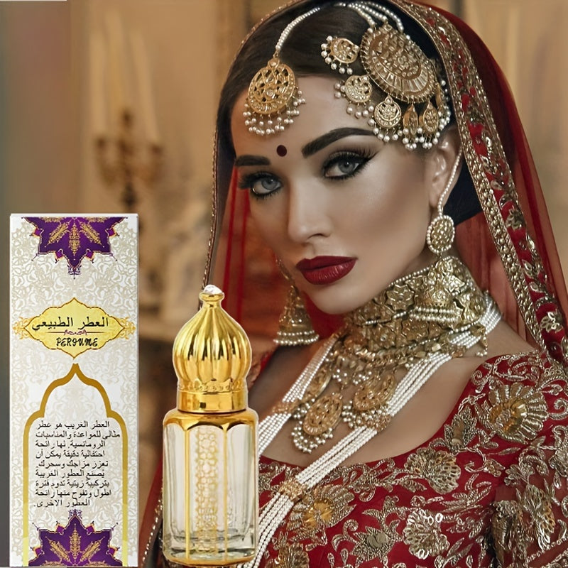 Long-Lasting Arabic Perfume for Women displayed with elegant packaging and model in traditional attire.