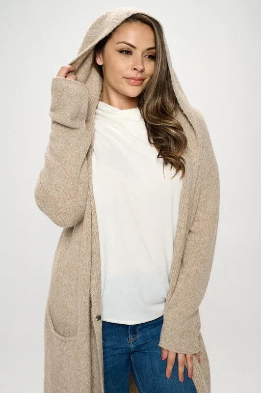 Taupe Knit Open Front Cardigan Sweater – Hooded with Pockets