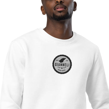 Model wearing Gianneli Unisex Fashion Sweatshirt with logo on a white background.