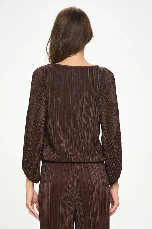 Plisse Solid Round neck Top with 3/4 Sleeve - Modz Designs