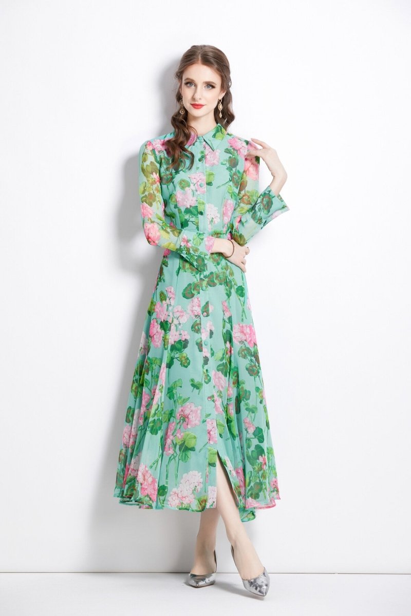 Floral shirt dress for women with Long Sleeve Shirt Dress in a vibrant garden print, perfect for spring outings and special occasions.