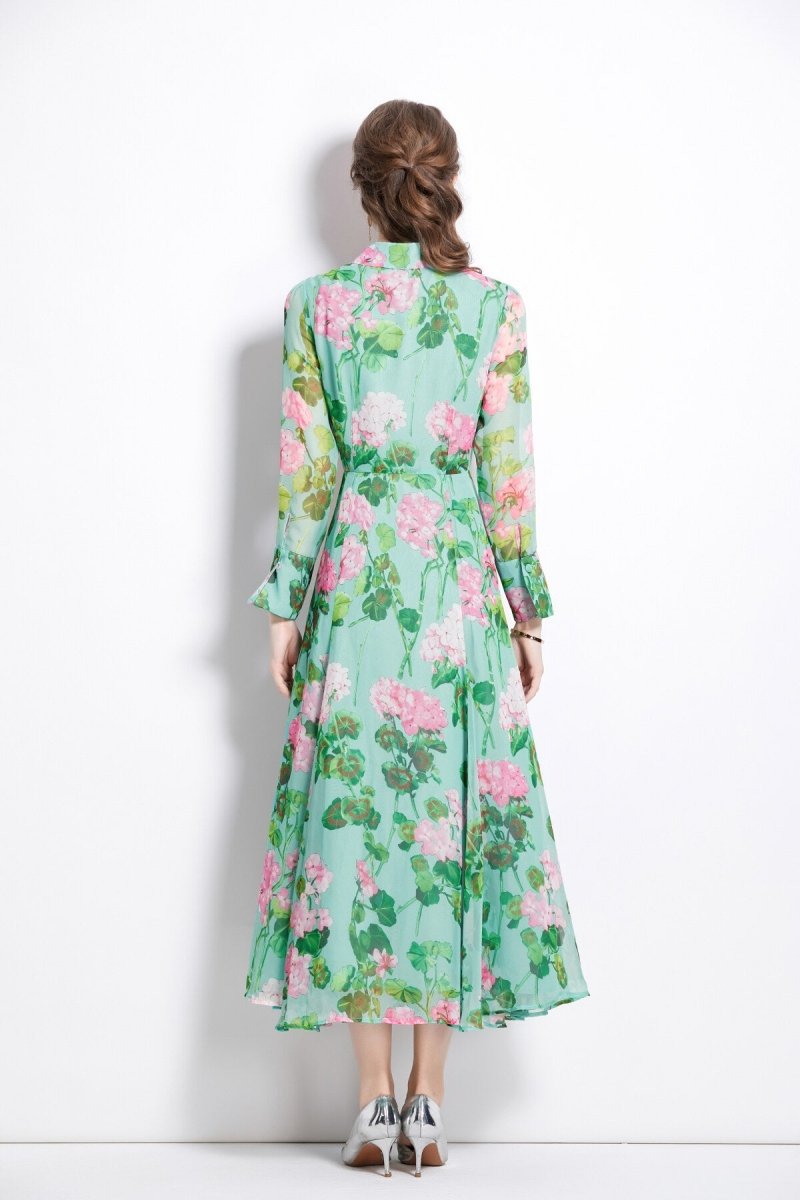Floral shirt dress for women with Long Sleeve Shirt Dress, showcasing a vibrant garden print and elegant flowing silhouette.