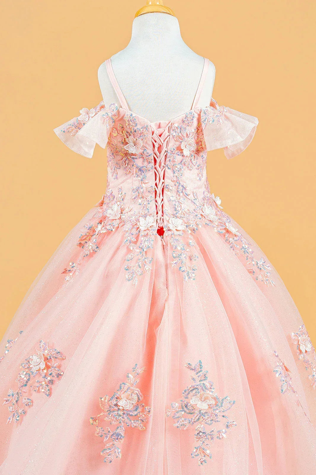 3D Flower Applique Sequins Embroidery Lace-Up Back Corset V-Neck Cold Shoulder Kids Dress back view with floral details