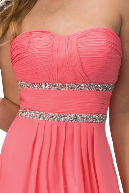 Strapless Floor Length Chiffon Dress with Sequin Detailing in coral color, featuring a sweet heart neckline and sparkling sequins.