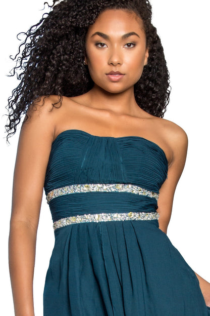 Strapless Floor Length Chiffon Dress with Sequin Detailing worn by a model, showcasing its elegant sweetheart neckline.