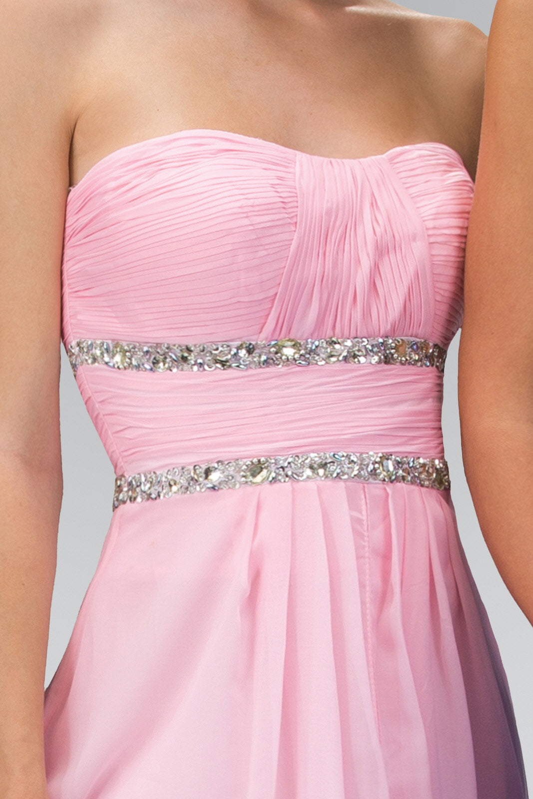 Strapless Floor Length Chiffon Dress with Sequin Detailing in soft pink featuring intricate sequin belt embellishment.