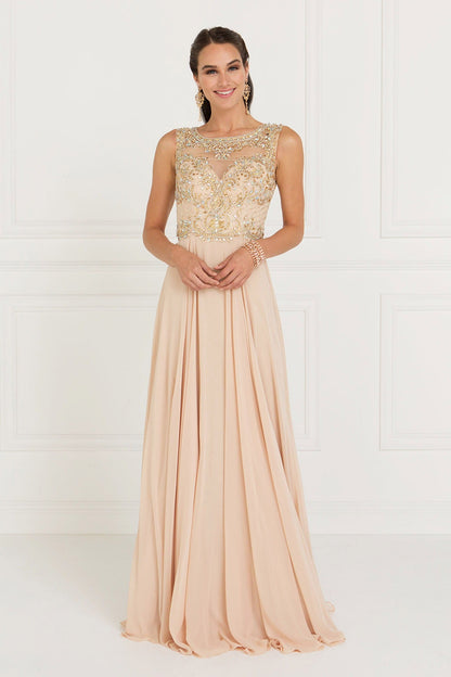 Chiffon Sweetheart A-Line prom dress featuring an elegant beaded top and flowing skirt in light beige.