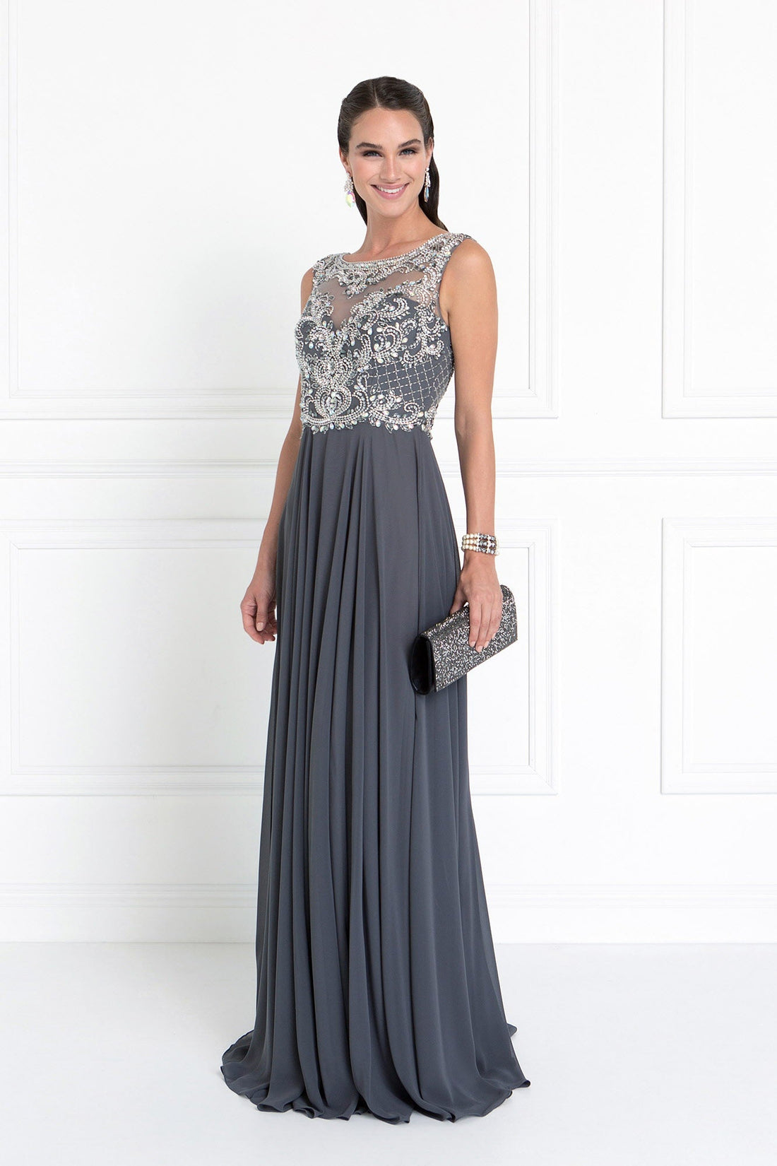 Chiffon Sweetheart A-Line prom dress showcasing a beaded bodice and flowing Charcoal skirt, perfect for elegant events.