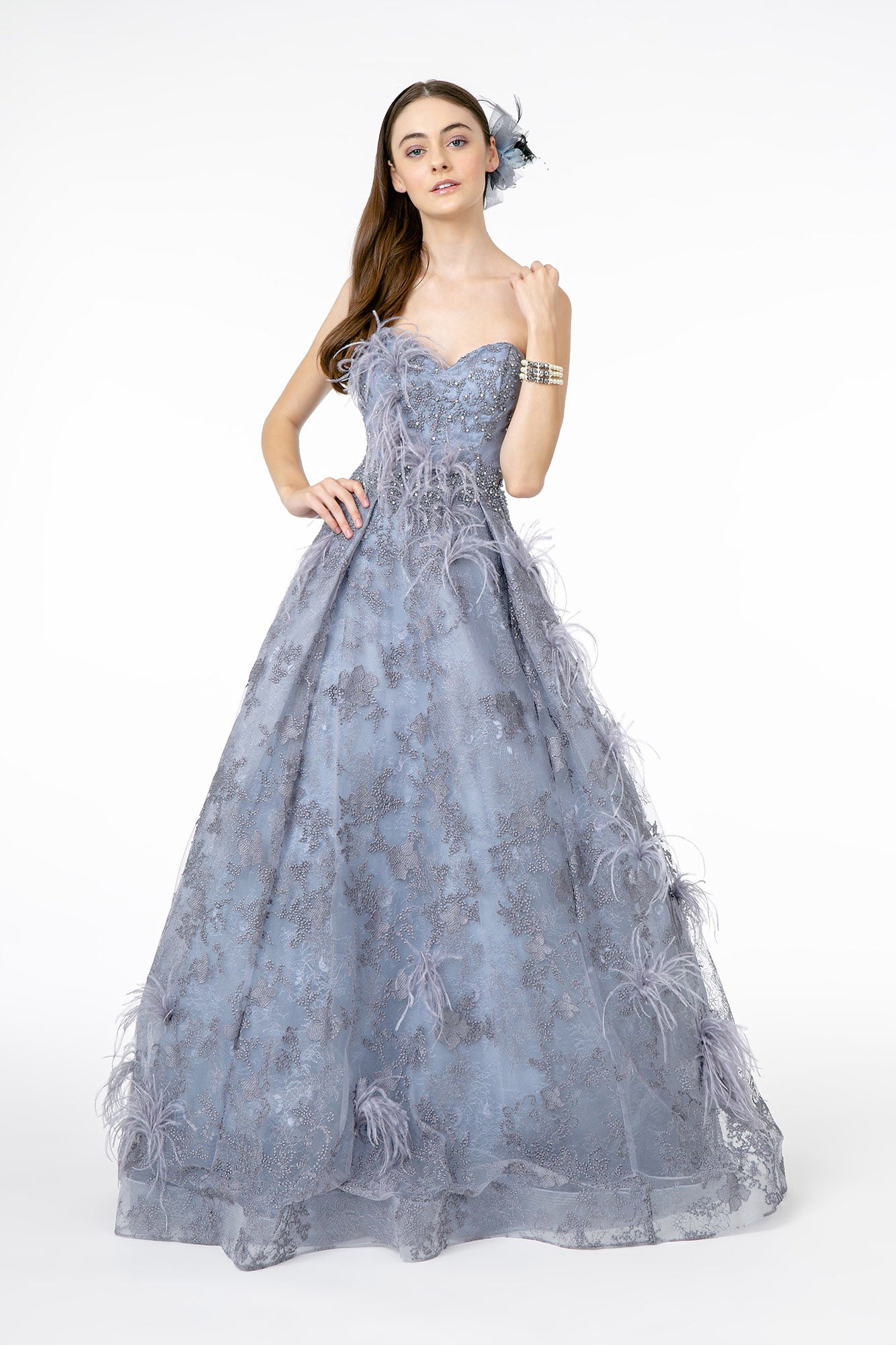 Feather Embellished Embroidered Sweetheart Mesh/Lace Long Dress in light blue with delicate embroidery and feather details.