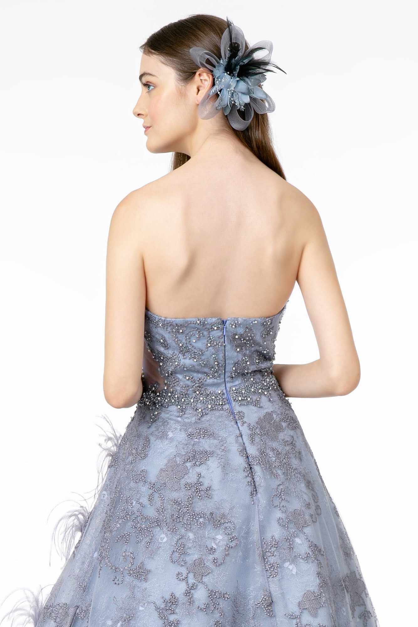 Feather Embellished Embroidered Sweetheart Mesh/Lace Long Dress back view with delicate embroidery and feather embellishments.
