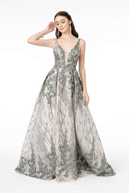 Jewel Embellished Lace Long Dress w/ V-Back worn by a model showcasing its elegant design and intricate lace details.