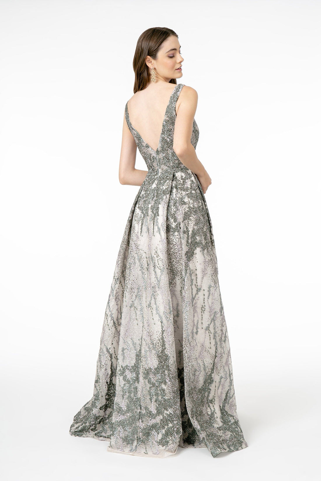Jewel Embellished Lace Long Dress w/ V-Back showcasing a stylish open back and elegant floor-length design.