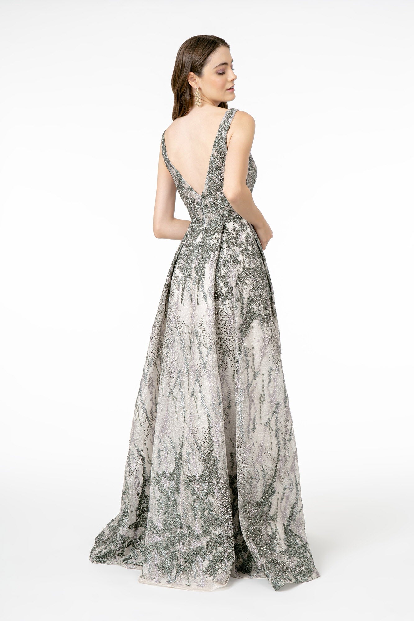 Jewel Embellished Lace Long Dress w/ V-Back showcasing a stylish open back and elegant floor-length design.