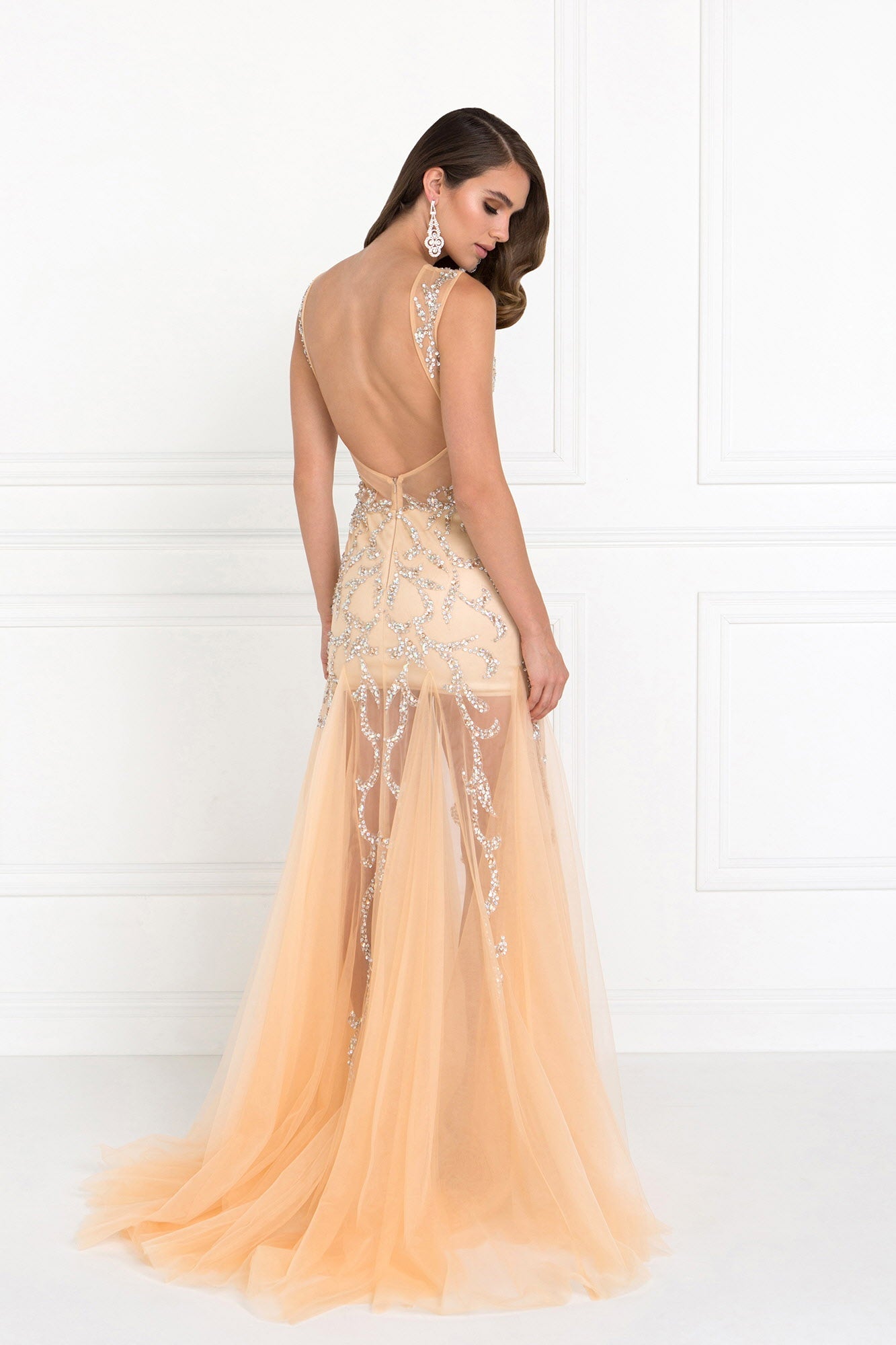 Beaded Floor Length Dress with Sheer Bodice and Open Back, featuring tulle fabric and open back design, in peach color.