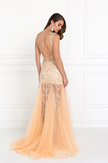 Beaded Floor Length Dress with Sheer Bodice and Open Back, featuring tulle fabric and open back design, in peach color.
