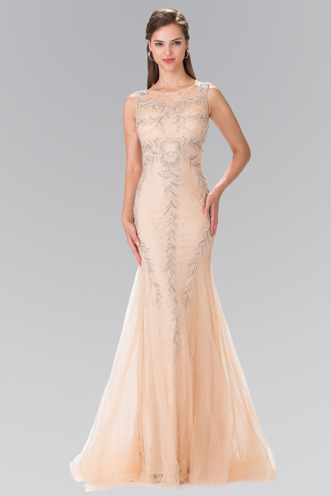 Beaded Lace Mermaid Dress With a sleeveless, boat-neck design in champagne color showcasing exquisite lace detailing.