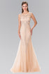 Beaded Lace Mermaid Dress With a sleeveless, boat-neck design in champagne color showcasing exquisite lace detailing.