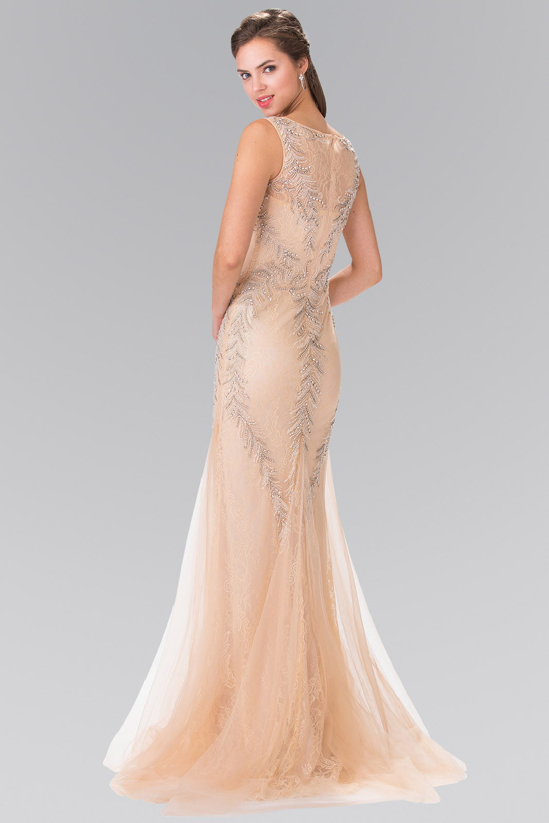 Beaded Lace Mermaid Dress With a sleeveless, boat-neck design - elegant back view showcasing intricate lace details.