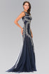 Beaded Lace Mermaid Dress With a sleeveless, boat-neck design modeled in navy color with intricate detailing.