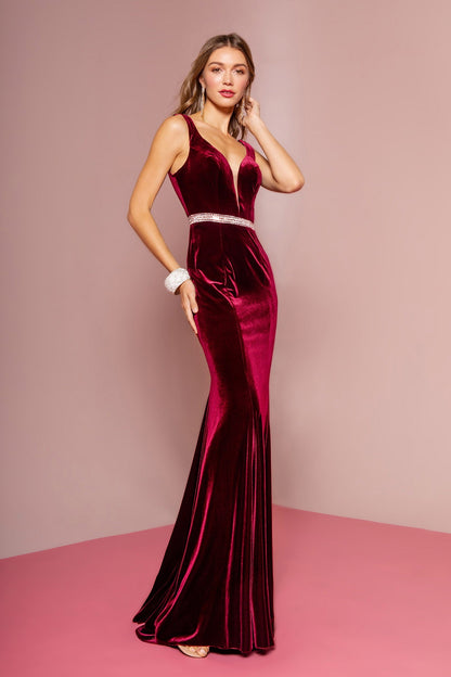 Jewel Accented Waist Line V-Neck Velvet Dress w/ U-Back in burgundy with a mermaid silhouette and jewel embellishments.