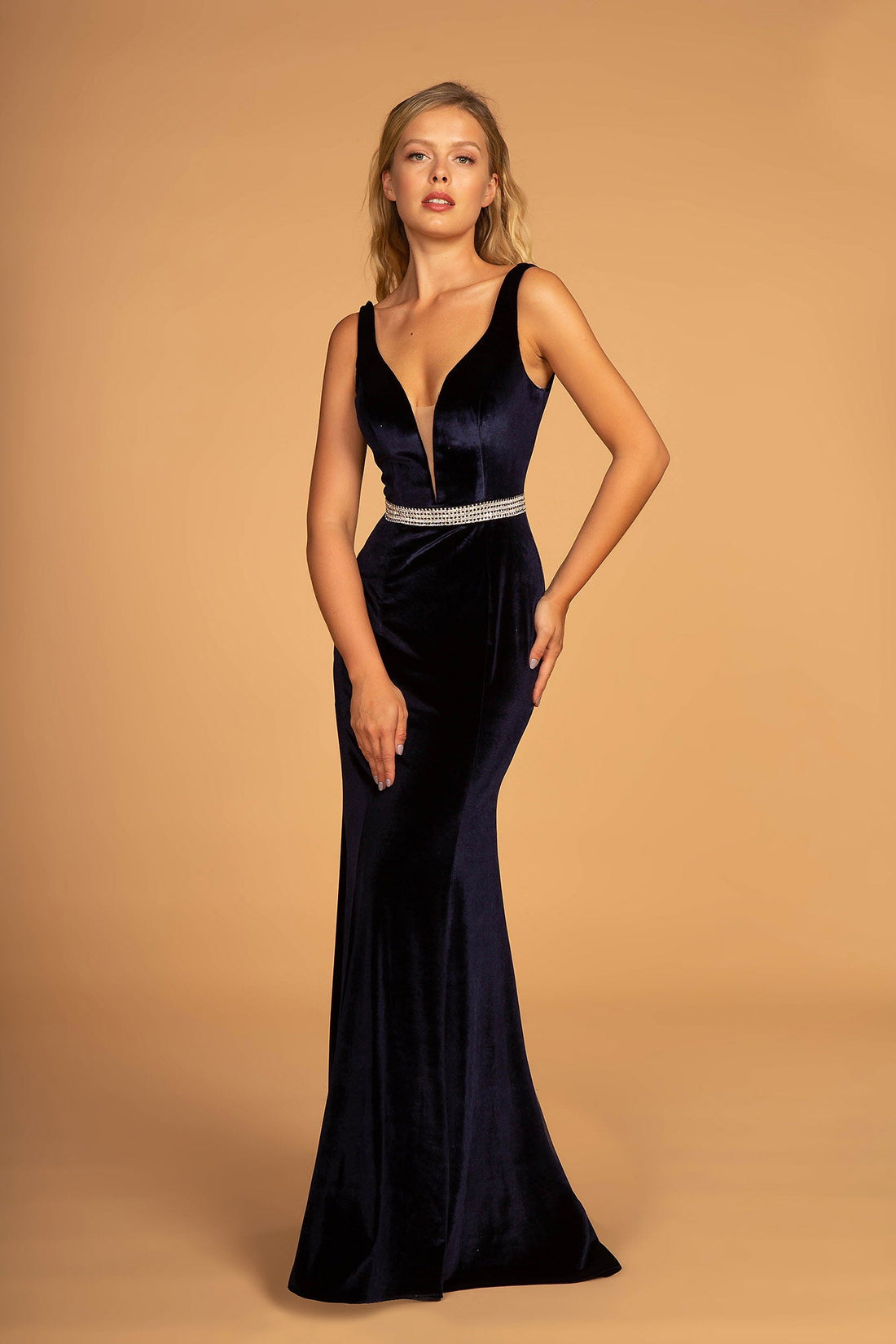 Jewel Accented Waist Line V-Neck Velvet Dress w/ U-Back showcased on model with elegant posing.