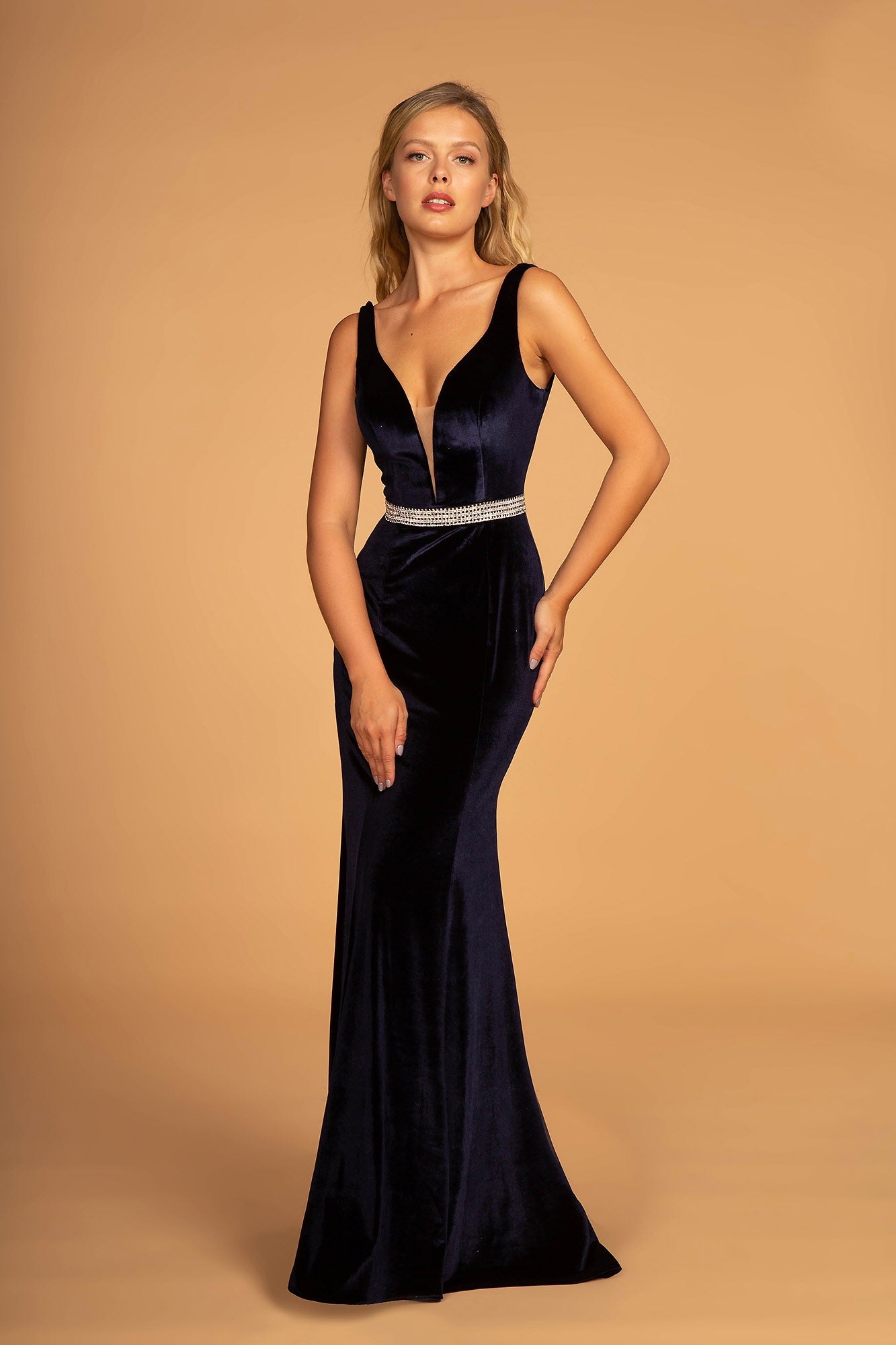 Jewel Accented Waist Line V-Neck Velvet Dress w/ U-Back showcased on model with elegant posing.