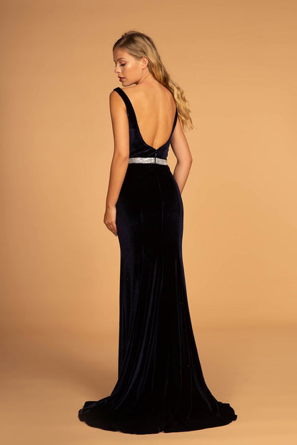Jewel Accented Waist Line V-Neck Velvet Dress w/ U-Back showcasing an elegant open back and fitted velvet silhouette.