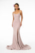 Model wearing Rome Jersey Illusion Side Slit Long Dress in mauve with spaghetti straps and open back.