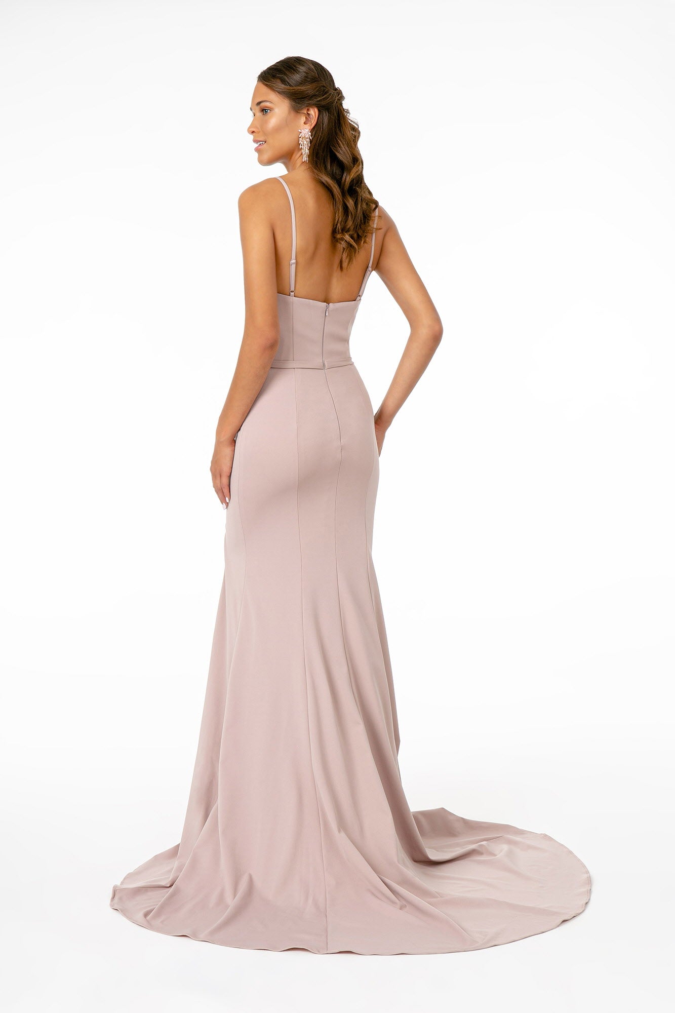 Rome Jersey Illusion Side Slit Long Dress back view showcasing the elegant mauve color and sleek mermaid silhouette.