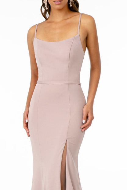 Rome Jersey Illusion Side Slit Long Dress featuring spaghetti straps and a flattering silhouette in mauve.