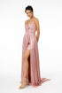 Pleated Bodice Metallic Lame Long Dress w/ Leg Slit showcasing a ruched bodice and side leg slit in glossy pink fabric.