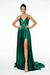Pleated Bodice Metallic Lame Long Dress w/ Leg Slit in green with a ruched bodice and open back.