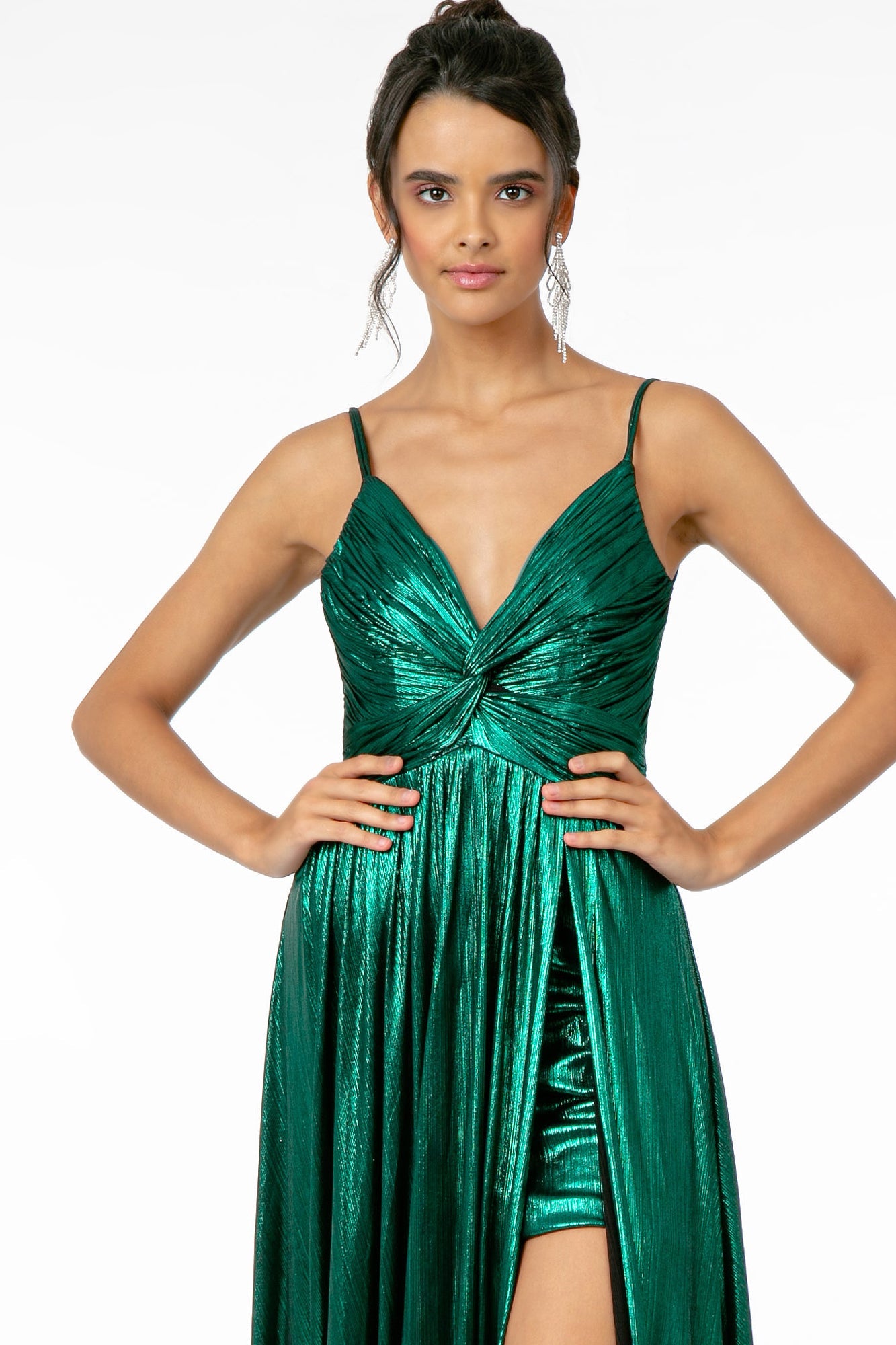 Pleated Bodice Metallic Lame Long Dress w/ Leg Slit showcasing an elegant ruched bodice and a bold side slit.