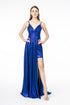Pleated Bodice Metallic Lame Long Dress w/ Leg Slit in blue with ruched bodice and side slit for a bold look.