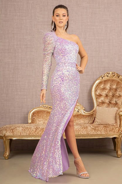 Feather Sequin Asymmetric Long Sleeve Mesh Mermaid Dress in lavender with a slit and sequins, perfect for formal events.