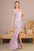 Feather Sequin Asymmetric Long Sleeve Mesh Mermaid Dress in lavender with a slit and sequins, perfect for formal events.