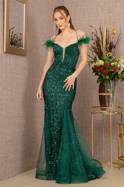 Sheer Bodice Sequin Trumpet Dress w/ Feather on Straps in green with elegant design and glitter details.