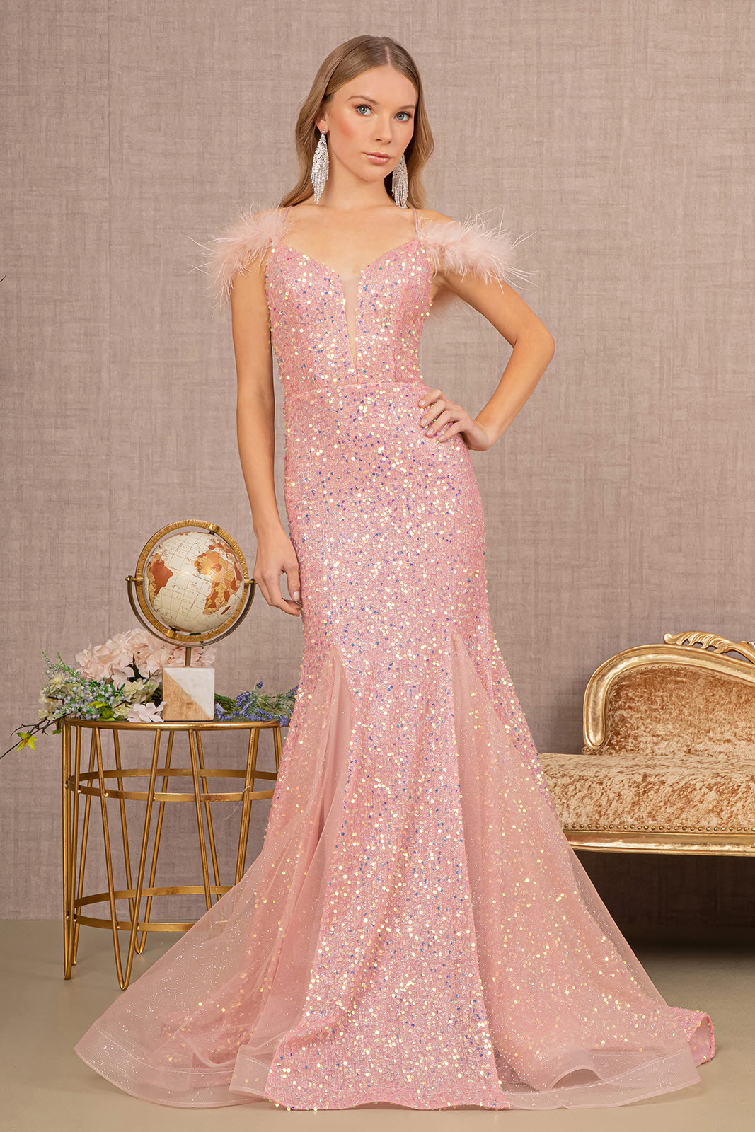 Sheer Bodice Sequin Trumpet Dress w/ Feather on Straps in pink with sequins and feather details.