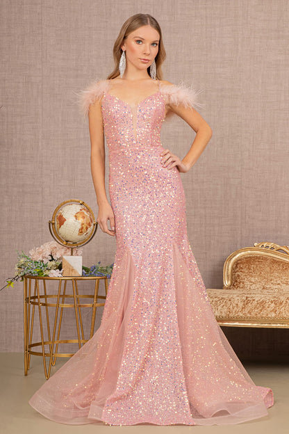 Sheer Bodice Sequin Trumpet Dress w/ Feather on Straps in pink with sequins and feather details.