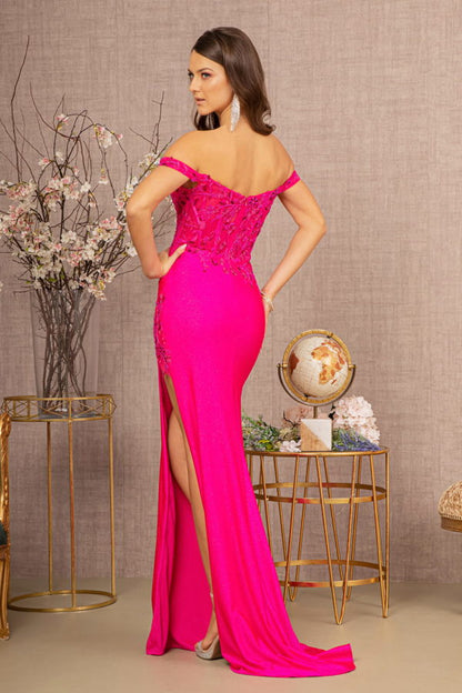 Glitter Sheer Mermaid Dress Off Shoulder in vibrant pink showcasing its back with sheer bodice and thigh-high slit.