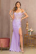 Glitter Sheer Mermaid Dress Off Shoulder in lavender with sheer bodice and slit, perfect for special occasions.