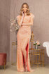 Sequin Off Shoulder Mesh Mermaid Dress w/ Feather on Neckline in peach color featuring stunning sequins and a thigh-high slit.