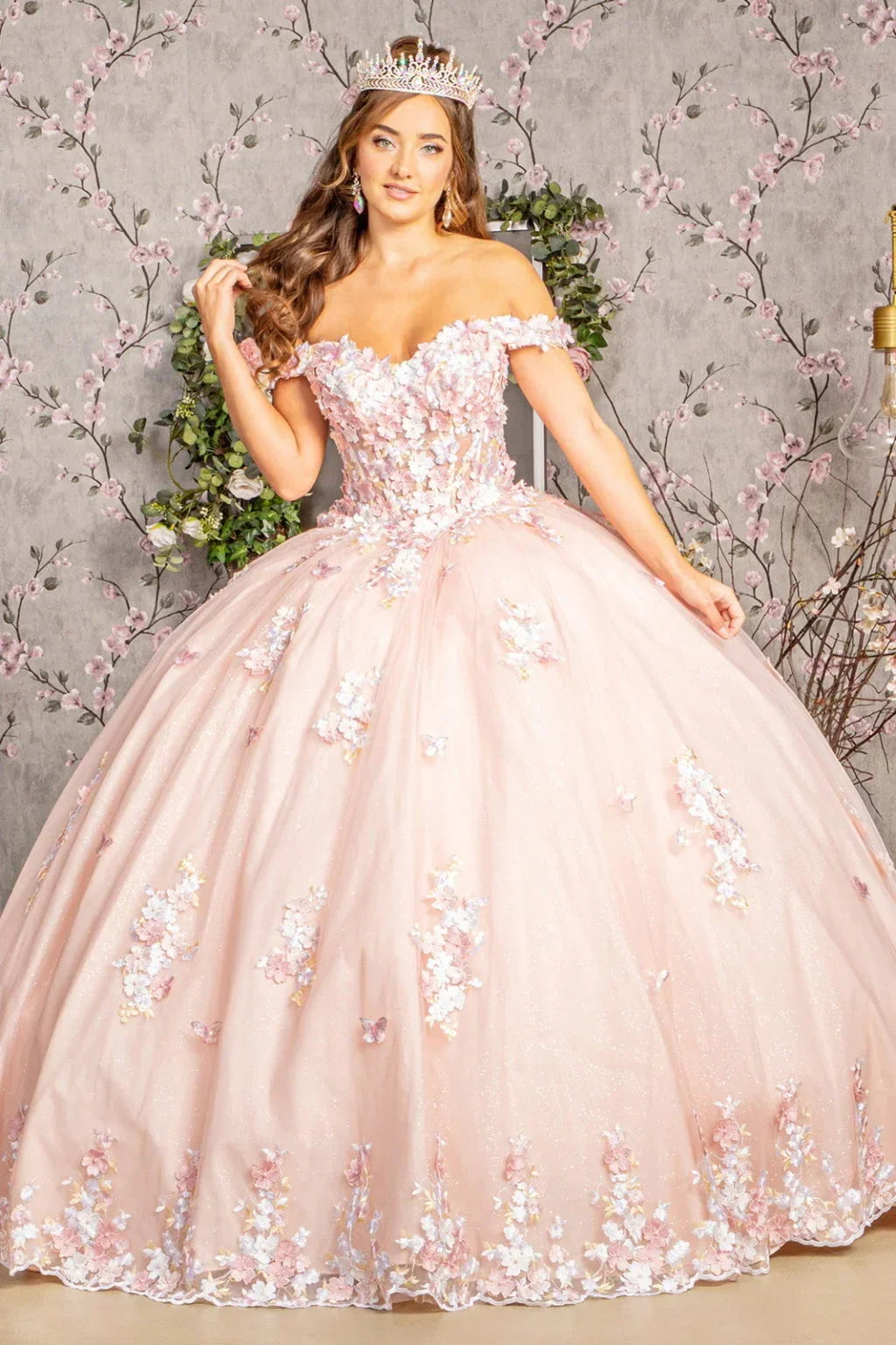 3-D Flower Applique Jewel Mesh Quinceanera Gown w/ Long Tail - Modz Designs