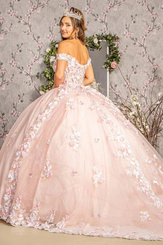 3-D Flower Applique Jewel Mesh Quinceanera Gown w/ Long Tail - Modz Designs