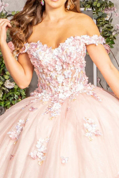 3-D Flower Applique Jewel Mesh Quinceanera Gown w/ Long Tail - Modz Designs