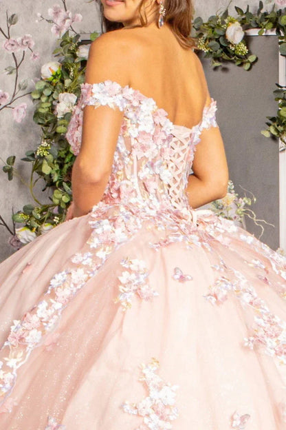 3-D Flower Applique Jewel Mesh Quinceanera Gown w/ Long Tail - Modz Designs