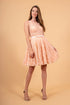 3D Floral Applique Lace Short Dress in peach color with flared skirt and fitted bodice