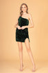 Asymmetric Velvet Bodycon Short Dress w/ Sequin in green with sequins and one shoulder design